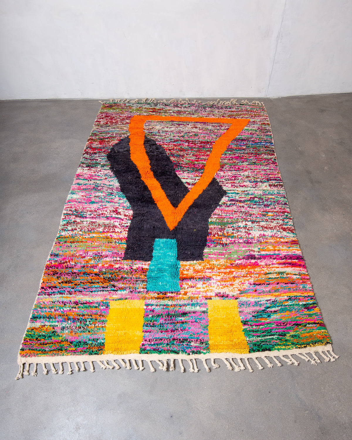 Modern, designer, handcrafted Berber rug from Morocco. Vintage carpet with beautiful colours and patterns and fluffy texture.